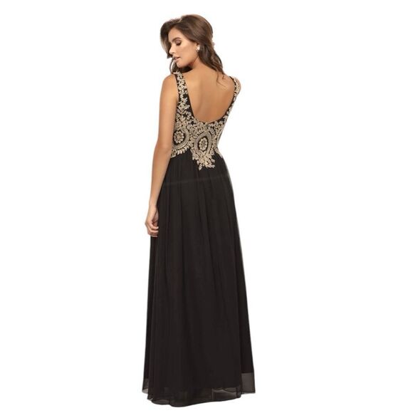 NOX Anabel Beaded V-Neck Lace Bodies Long Gown in Black/Gold Size XL 8343SC - Picture 9 of 9